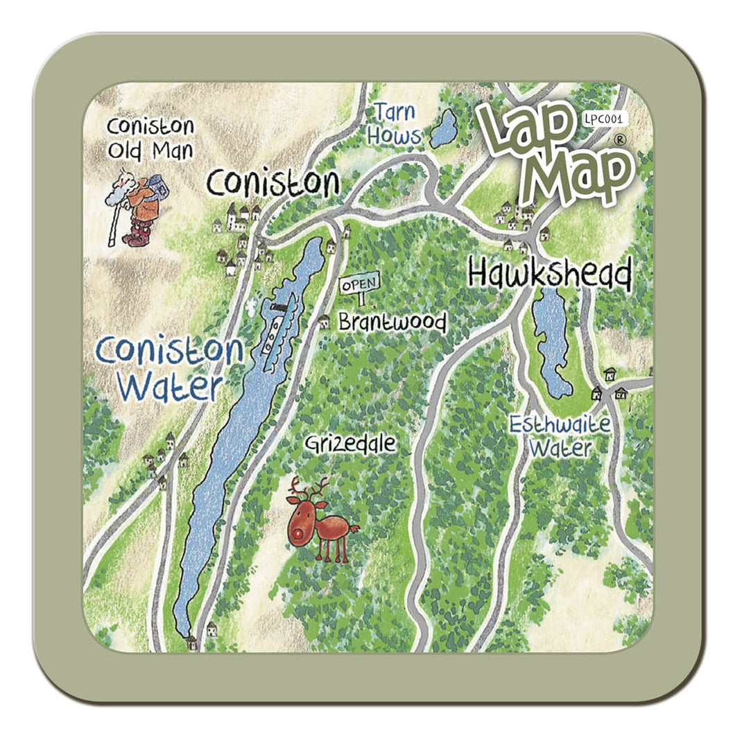 Coniston & Hawkshead Lap Map Coaster by Cardtoons Publications