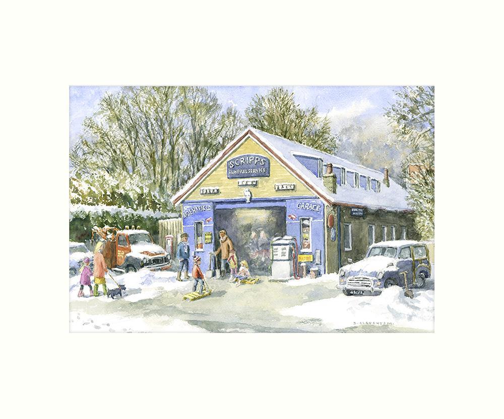 Y94w Aidensfield Garage in winter art print - Cardtoons Publications