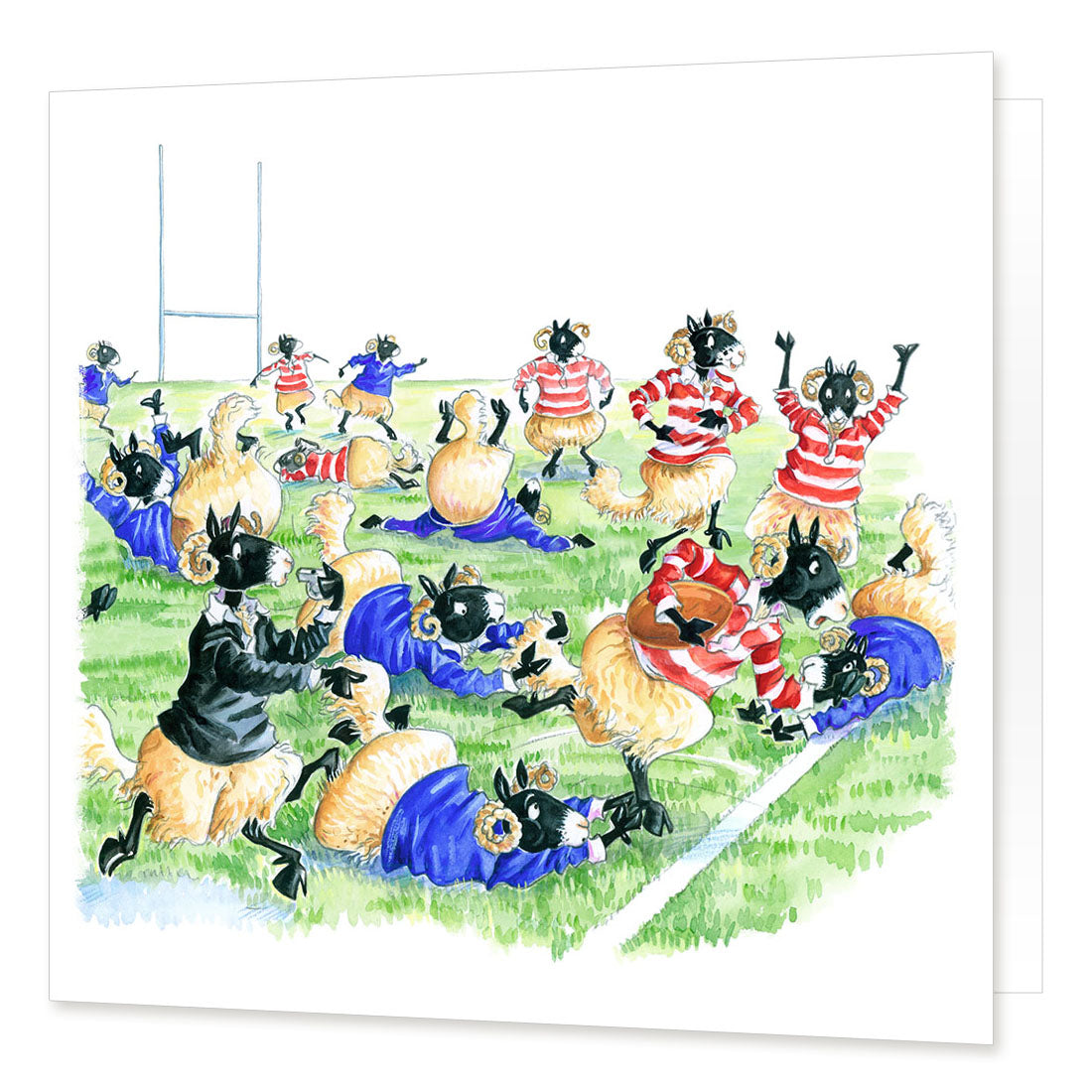Country Comicals "Rugby Rams" Greetings Card by Linda Birkinshaw