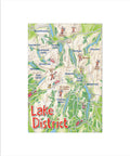 A rectangular illustrated map labelled 'Lake District' with topographic-style terrain, blue waterways, green areas, and small red/orange icons, shown on a white background.