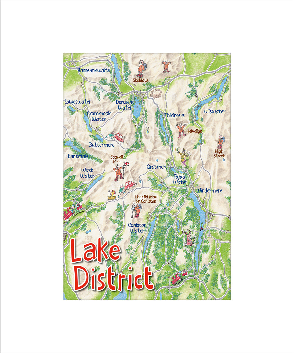 A rectangular illustrated map labelled 'Lake District' with topographic-style terrain, blue waterways, green areas, and small red/orange icons, shown on a white background.