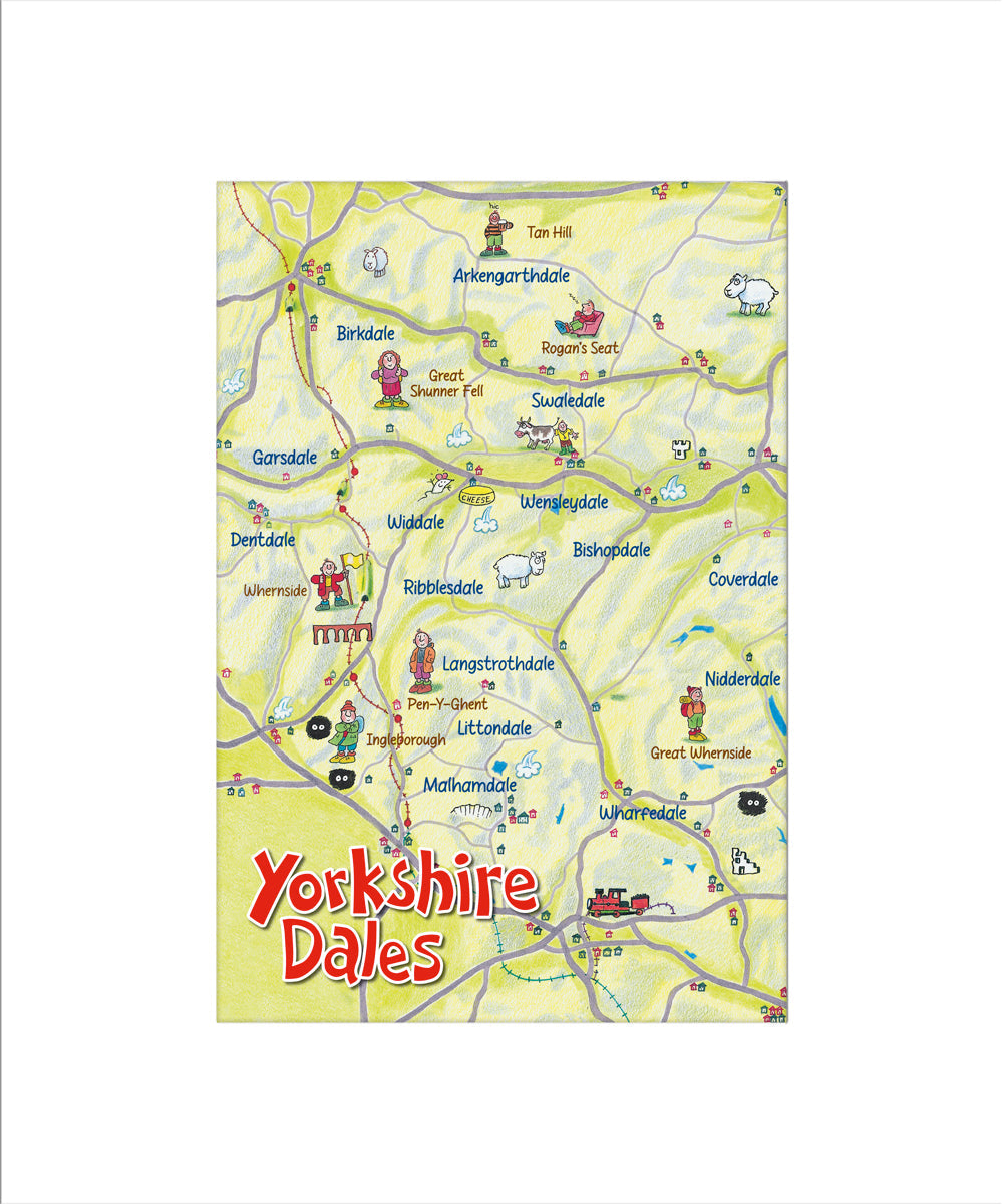 A rectangular map-style print featuring Yorkshire Dales, with a pale yellow background, labeled towns and roads, and large red text reading 'Yorkshire Dales' on the right side.