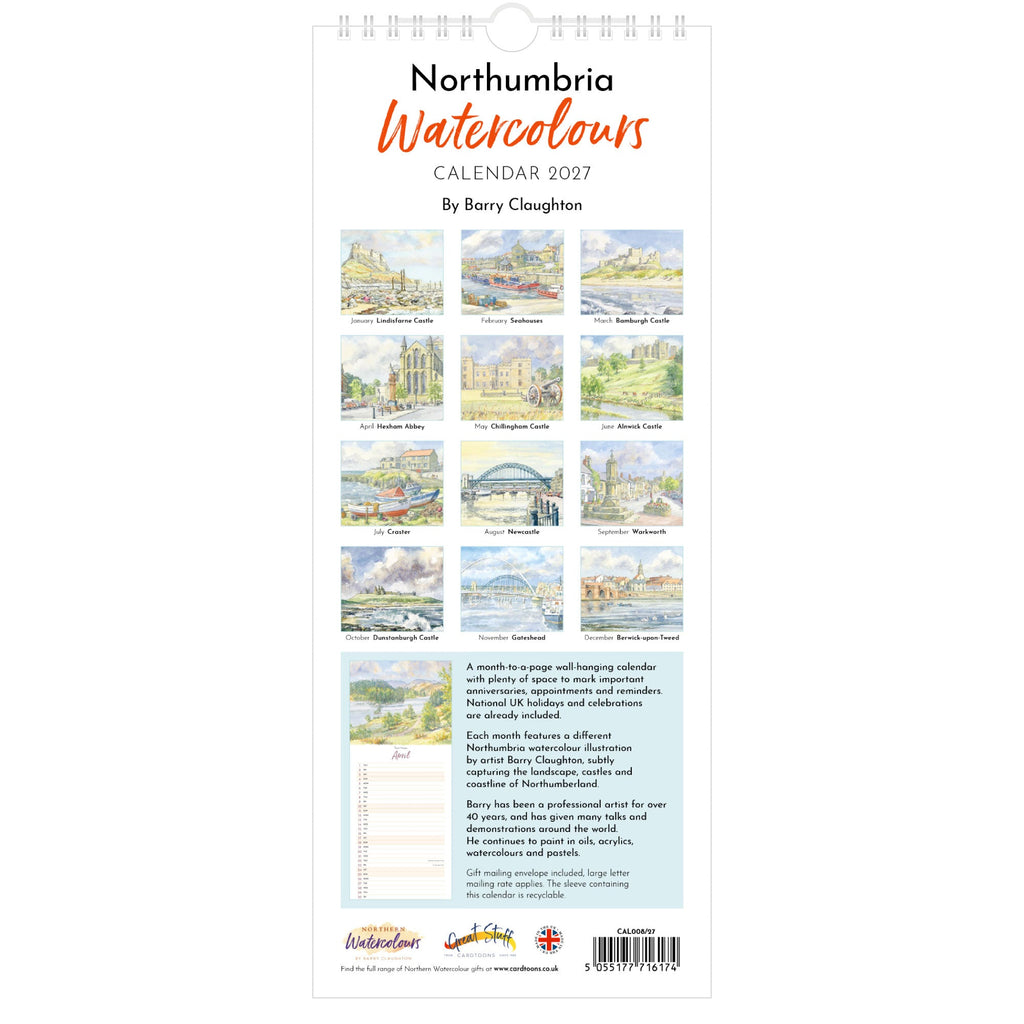Northumbria Watercolours Slimline Calendar 2027 - Back Cover