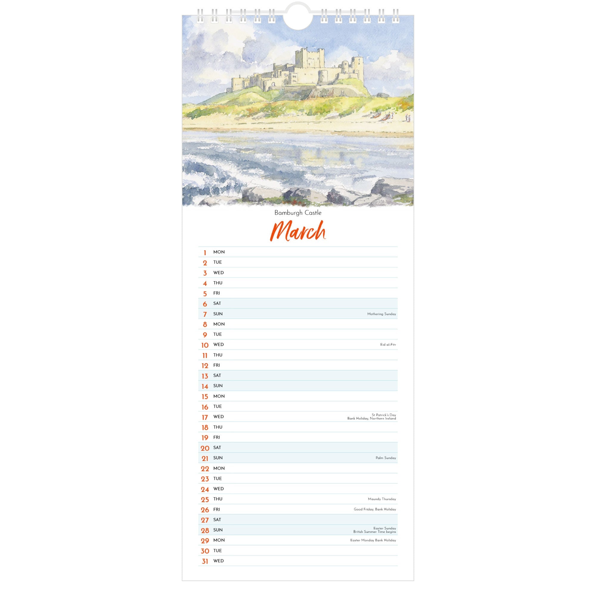 Northumbria Watercolours Slimline Calendar 2027 - March (Bamburgh Castle)