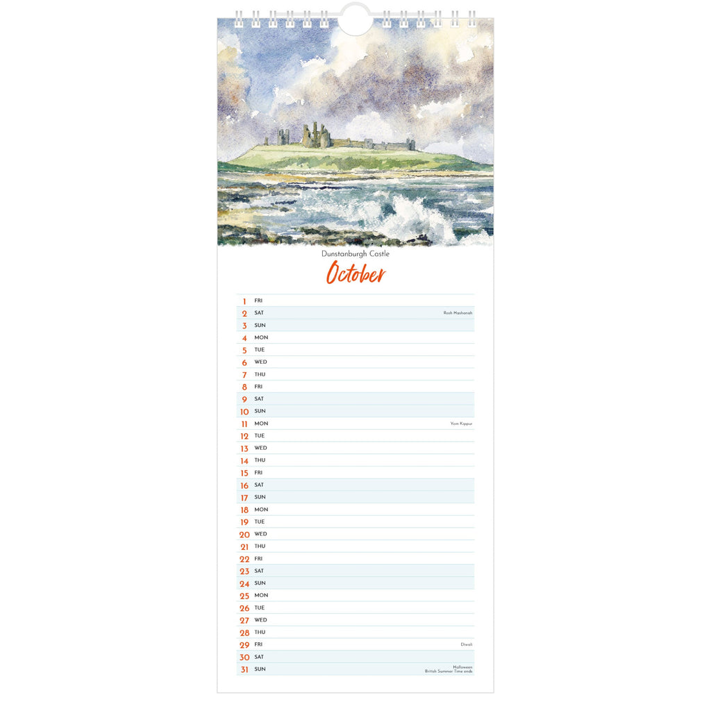 Northumbria Watercolours Slimline Calendar 2027 - October (Dunstanburgh Castle)
