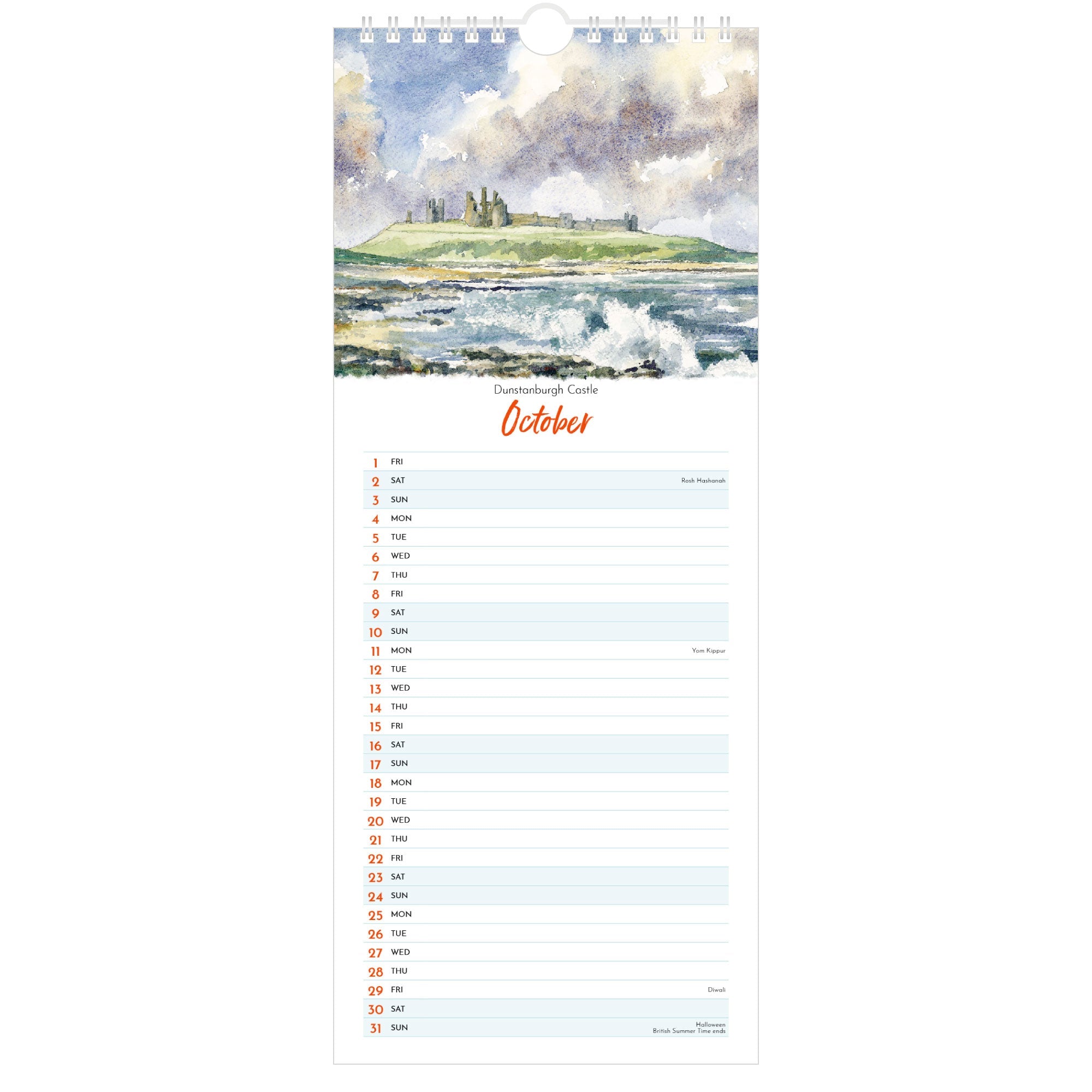 Northumbria Watercolours Slimline Calendar 2027 - October (Dunstanburgh Castle)