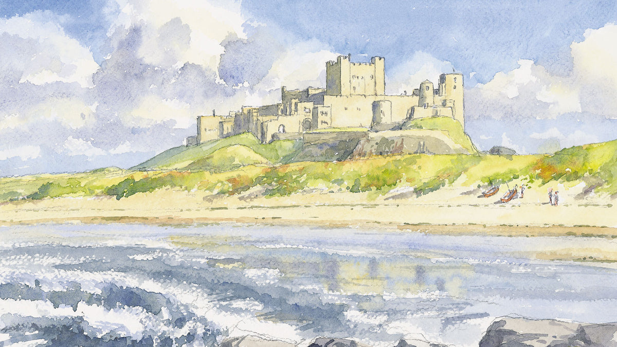 Bamburgh Castle from the Cardtoons Northumbria Watercolours 2023 calendar © Barry Claughton