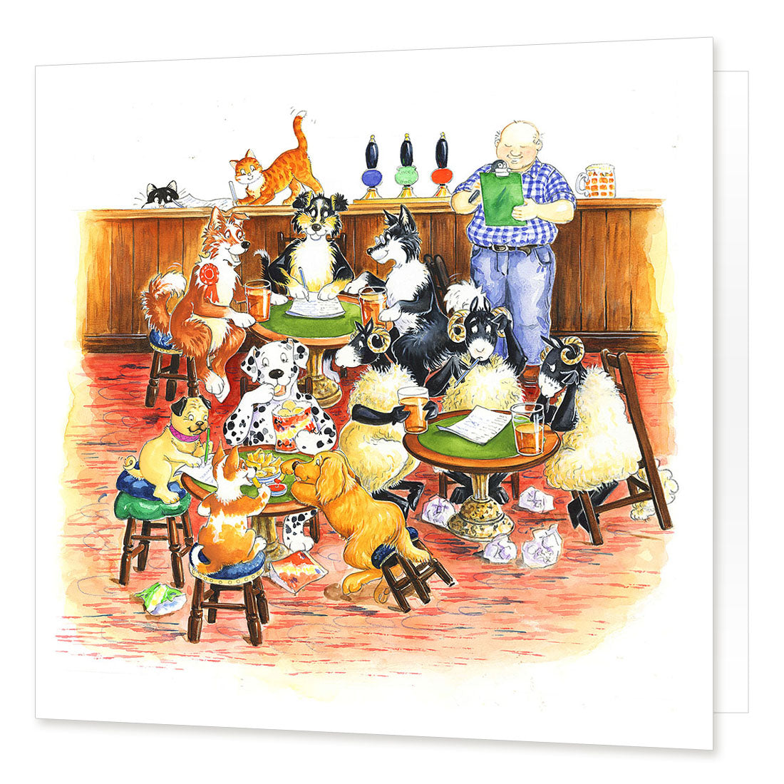 Country Comicals "Pub Quiz Pugs" Greetings Card by Linda Birkinshaw
