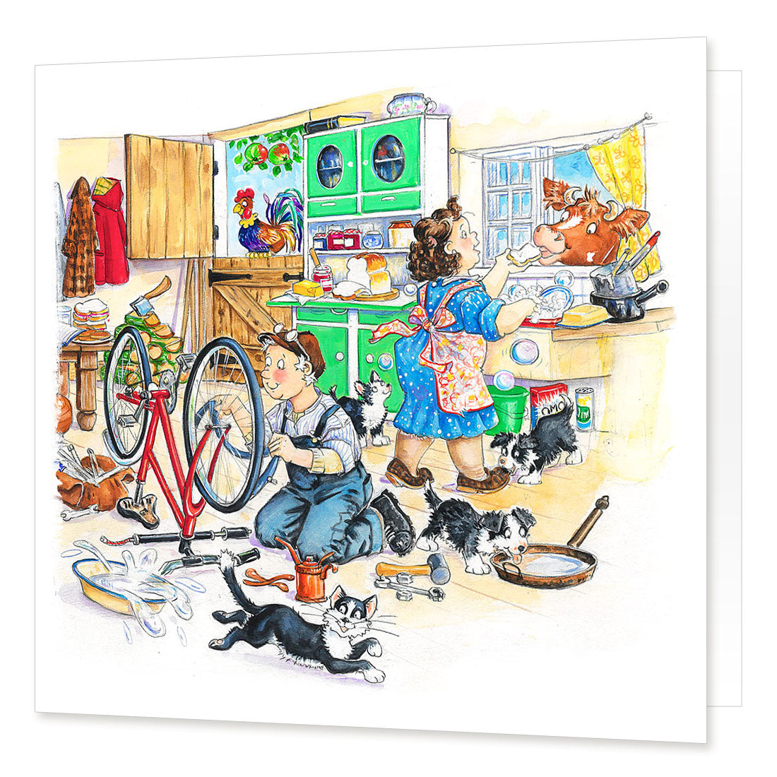 Country Comicals "Kitchen Chaos" Greetings Card by Linda Birkinshaw