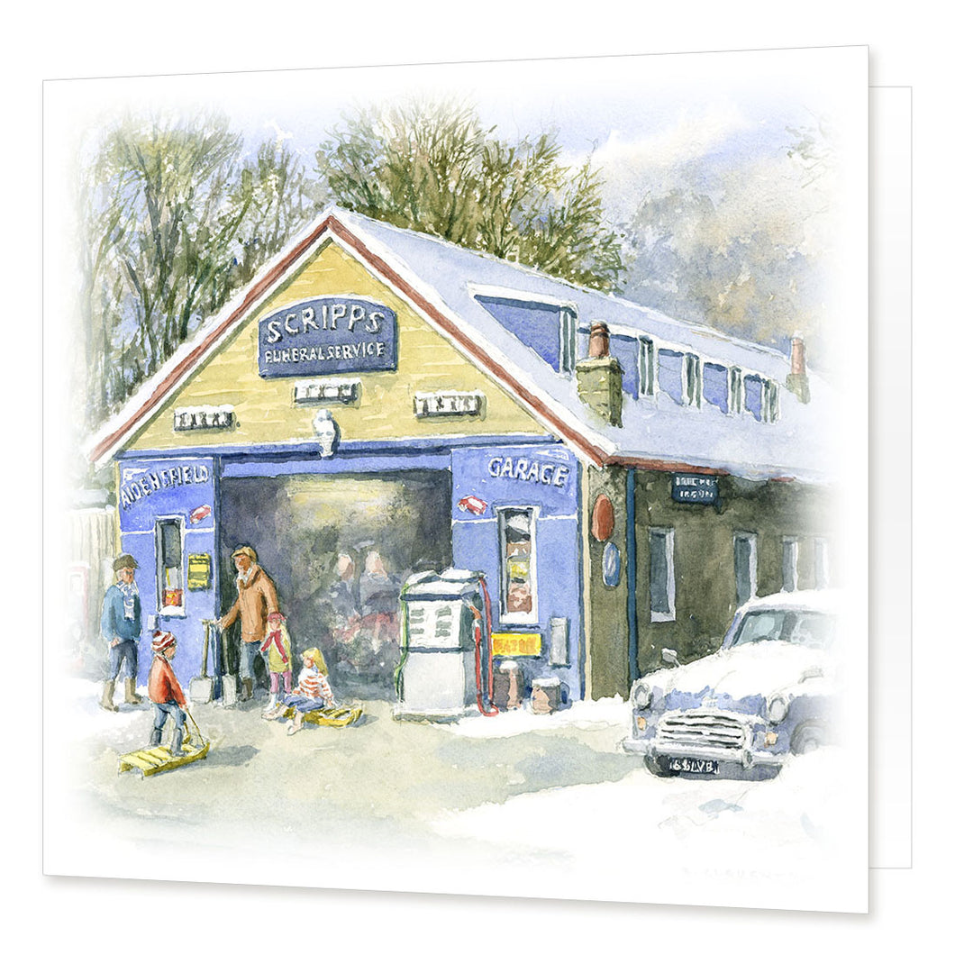 Y94w Aidensfield Garage in winter greetings card | Great Stuff from Cardtoons