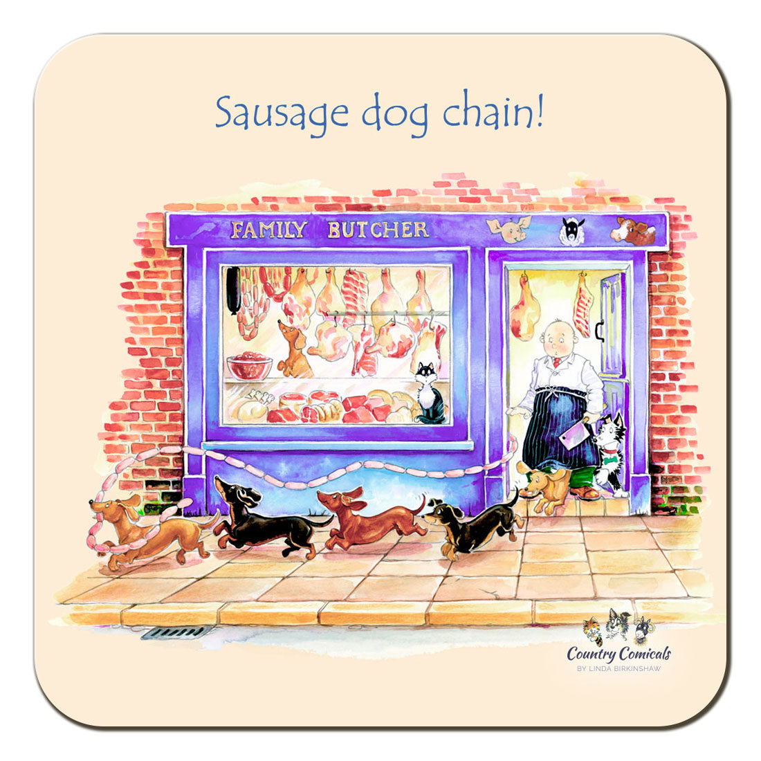 Country Comicals "Sausage Dog Chain" Coaster by Linda Birkinshaw