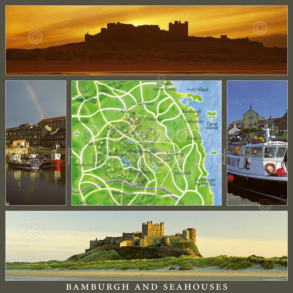 Bamburgh & Seahouses Square Postcard by Cardtoons