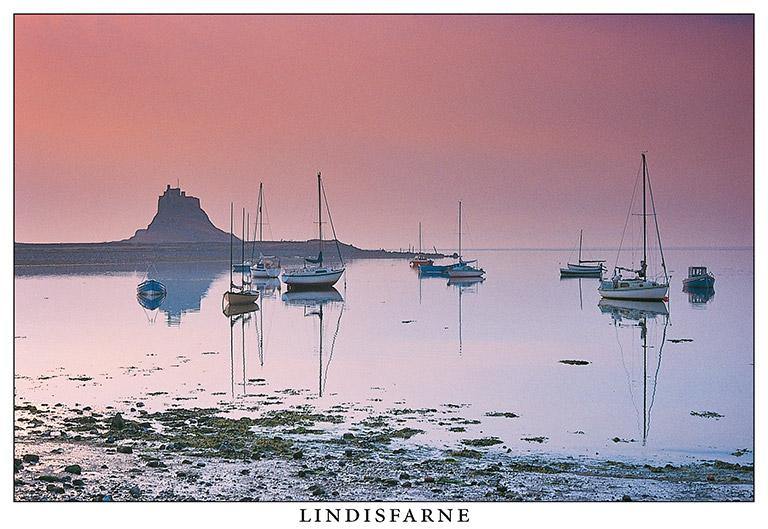 Lindisfarne Castle and harbour at dawn postcard | Cardtoons Publications